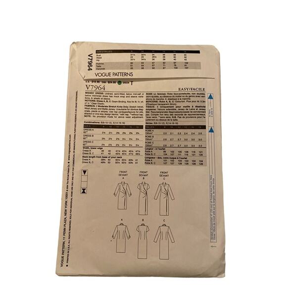 Sewing Pattern Vogue V7964 Mock Wrapped Semi-Fitted Dress Size: 8-10-12 - Picture 4 of 5